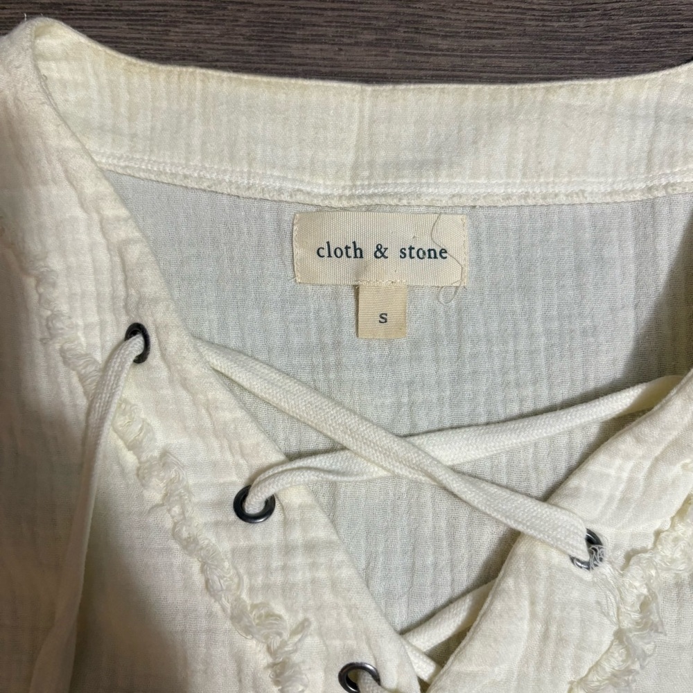 Anthropologie Cloth & Stone Cream Lace-Up Top | Off White Shirt | 100% Cotton - Picture 3 of 4